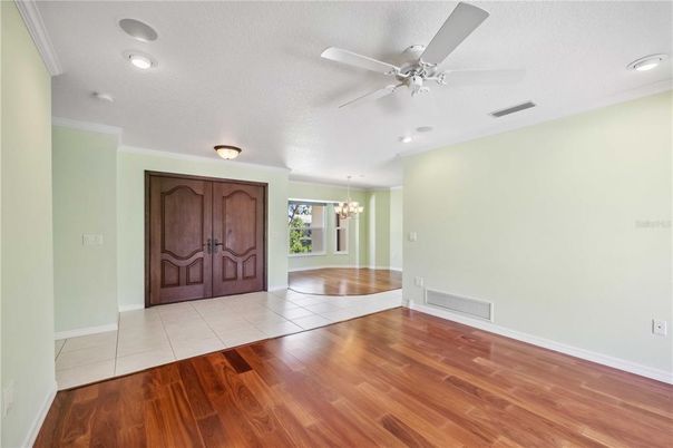Chandelier, Empty room, Interior, Recessed Lighting, Wood Texture Flooring