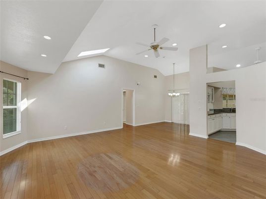 Chandelier, Empty room, Interior, Recessed Lighting, Wood Texture Flooring