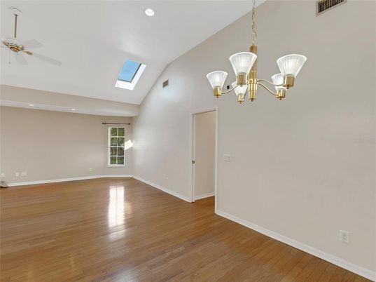 Empty room, Interior, Pendant Lights, Recessed Lighting, Wood Texture Flooring