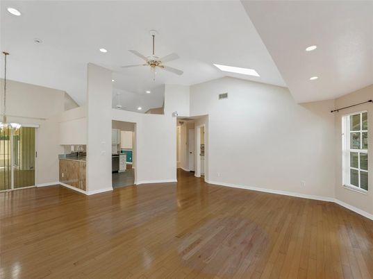Empty room, Interior, Kitchen, Pendant Lights, Recessed Lighting, Wood Texture Flooring