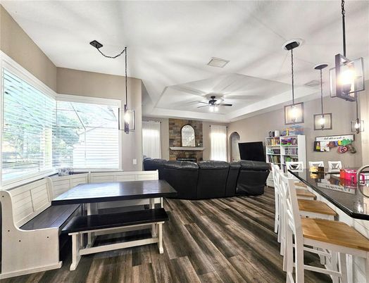 Dining room, Interior, Living room, Pendant Lights, Wood Texture Flooring