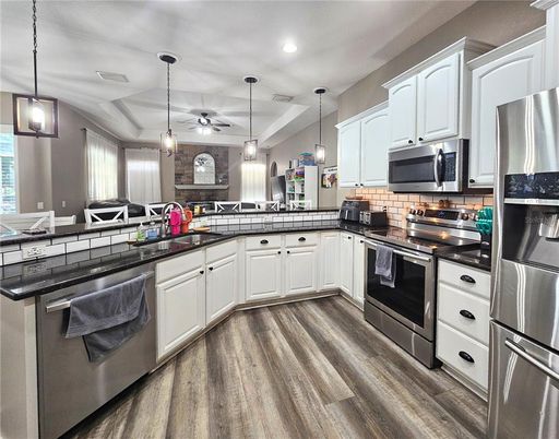 Interior, Kitchen, Pendant Lights, Recessed Lighting, Stainless Steel Appliances, Wood Texture Flooring