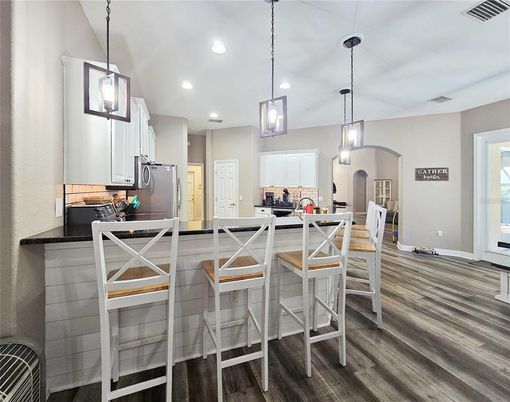 Interior, Kitchen, Pendant Lights, Recessed Lighting, Wood Texture Flooring
