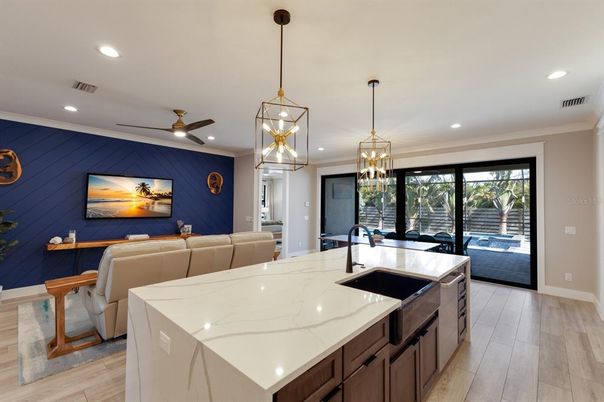 Interior, Kitchen, Living room, Pendant Lights, Recessed Lighting, Wood Texture Flooring