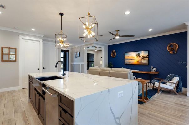 Interior, Kitchen, Pendant Lights, Recessed Lighting, Wood Texture Flooring