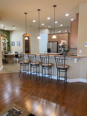 Dining room, Interior, Kitchen, Pendant Lights, Recessed Lighting, Wood Texture Flooring