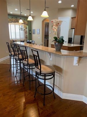 Dining room, Interior, Kitchen, Pendant Lights, Recessed Lighting, Wood Texture Flooring