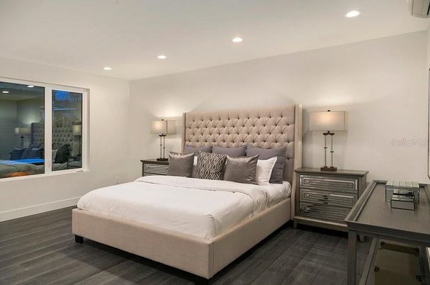 Bedroom, Interior, Recessed Lighting, Wood Texture Flooring