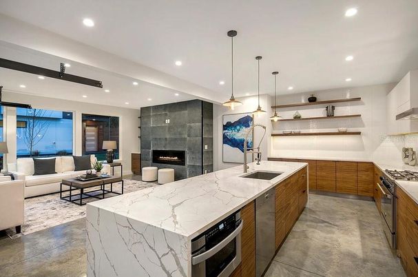 Fireplace, Interior, Kitchen, Living room, Pendant Lights, Recessed Lighting, Stainless Steel Appliances