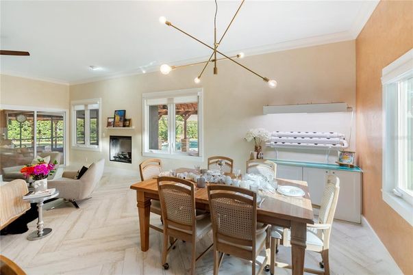 Dining room, Fireplace, Interior, Living room, Pendant Lights, Wood Texture Flooring