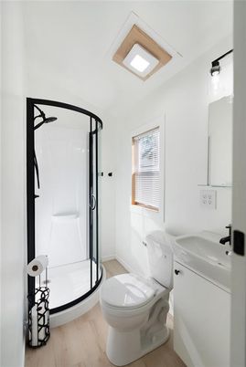Bathroom, Glass Shower, Interior, Wood Texture Flooring