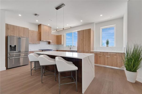 Interior, Kitchen, Pendant Lights, Recessed Lighting, Stainless Steel Appliances, Wood Texture Flooring