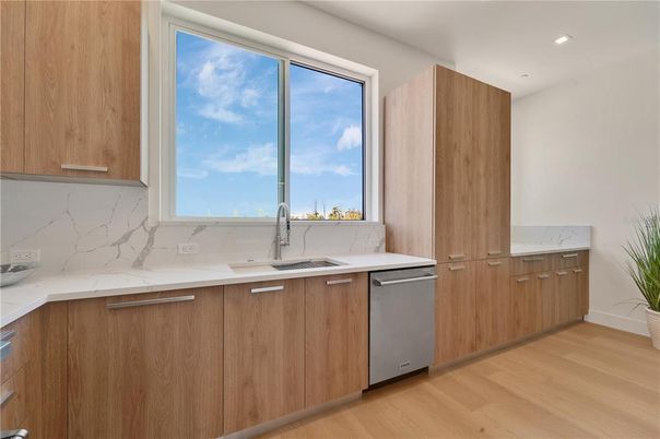 Interior, Kitchen, Marble Walls, Recessed Lighting, Wood Texture Flooring