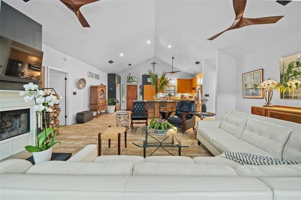 Fireplace, Interior, Kitchen, Living room, Pendant Lights, Recessed Lighting