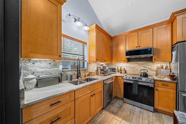 Interior, Kitchen, Stainless Steel Appliances, Wood Texture Flooring