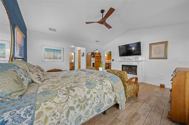 Bedroom, Fireplace, Interior, Wood Texture Flooring