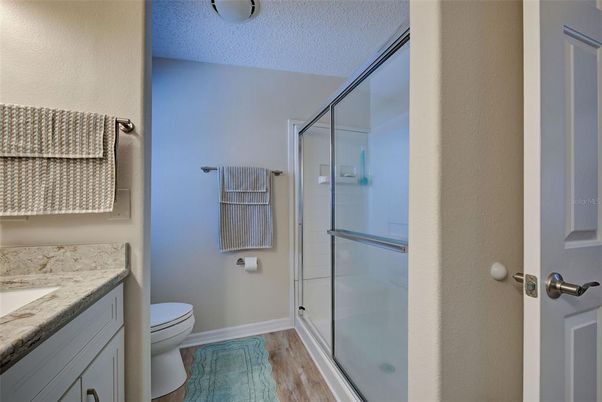 Bathroom, Glass Shower, Interior, Wood Texture Flooring