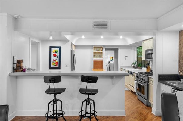 Interior, Kitchen, Recessed Lighting, Wood Texture Flooring