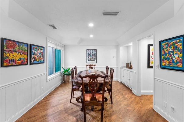 Dining room, Interior, Recessed Lighting, Wood Texture Flooring