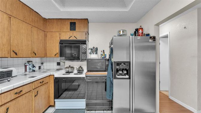 Interior, Kitchen, Tile Countertops, Wood Texture Flooring
