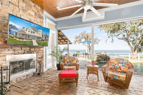 Fireplace, Interior, Living room, Stone Walls, Sun Room, Water