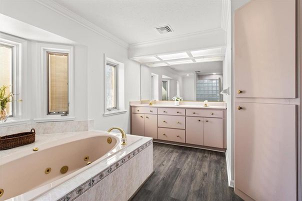 Bathroom, Dual Sink Vanities, Interior, Recessed Lighting, Wood Texture Flooring
