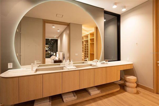 Bathroom, Dual Sink Vanities, Interior, Recessed Lighting, Wood Texture Flooring