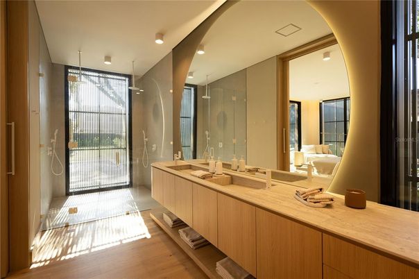 Bathroom, Glass Shower, Interior, Recessed Lighting, Wood Texture Flooring