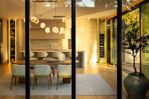 Dining room, Interior, Pendant Lights, Wood Texture Flooring