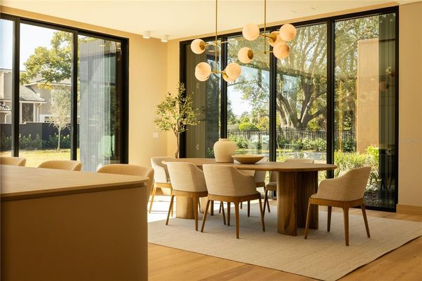 Dining room, Interior, Pendant Lights, Wood Texture Flooring