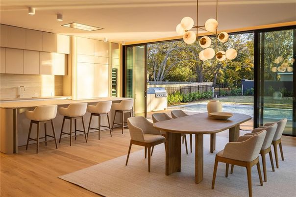 Dining room, Interior, Pendant Lights, Wood Texture Flooring