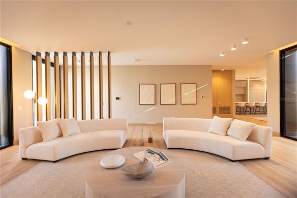 Interior, Living room, Pendant Lights, Recessed Lighting, Wood Texture Flooring