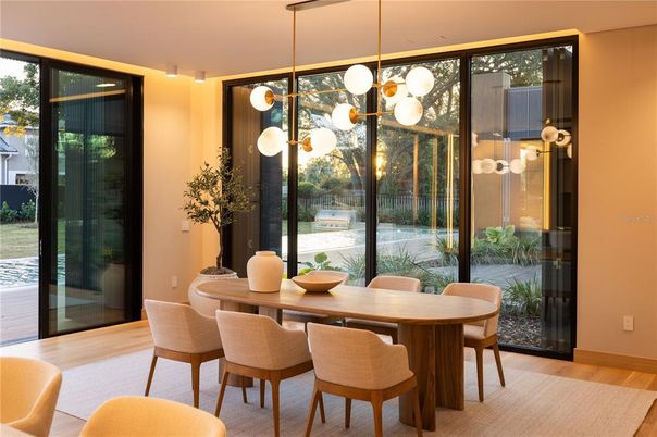 Dining room, Interior, Pendant Lights, Wood Texture Flooring