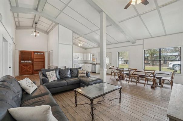 Dining room, Interior, Kitchen, Living room, Pendant Lights, Wood Texture Flooring