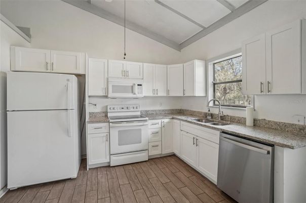 Interior, Kitchen, Pendant Lights, Stainless Steel Appliances, Wood Texture Flooring