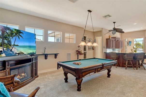 Billiard Table, Fireplace, Game Room, Interior, Pendant Lights, Recessed Lighting