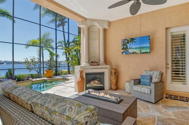 Fireplace, Interior, Living room, Pool, Sun Room, Water