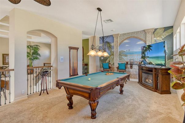 Billiard Table, Chandelier, Fireplace, Game Room, Interior, Pendant Lights