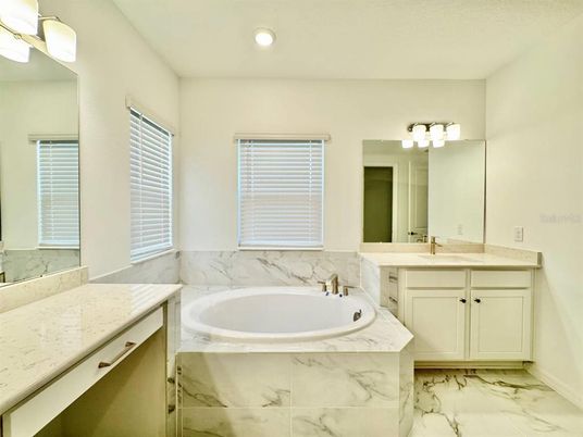 Bathroom, Dual Sink Vanities, Interior, Marble, Recessed Lighting