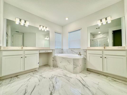 Bathroom, Dual Sink Vanities, Interior, Marble, Recessed Lighting