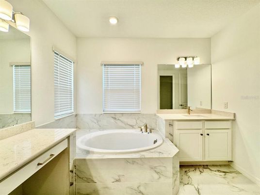 Bathroom, Dual Sink Vanities, Interior, Marble, Recessed Lighting