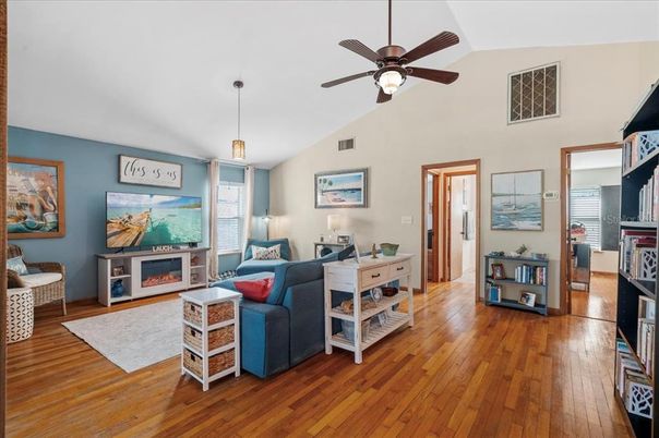 Fireplace, Interior, Living room, Pendant Lights, Wood Texture Flooring