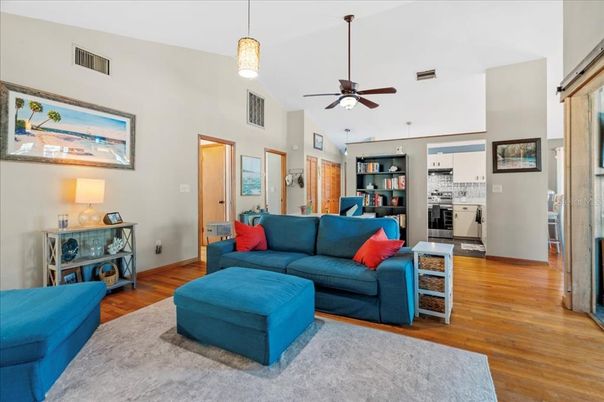 Interior, Kitchen, Living room, Pendant Lights, Stainless Steel Appliances, Wood Texture Flooring