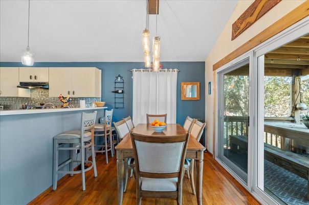 Dining room, Interior, Kitchen, Pendant Lights, Wood Texture Flooring