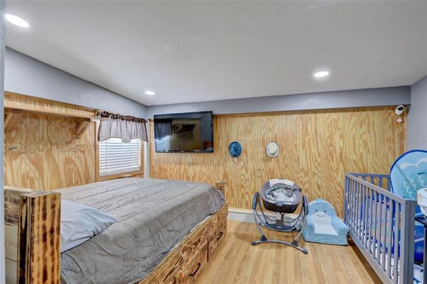 Bedroom, Interior, Recessed Lighting, Wood Texture Flooring, Wooden Walls