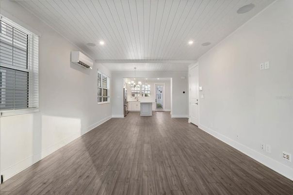 Chandelier, Empty room, Interior, Kitchen, Pendant Lights, Recessed Lighting, Wood Texture Flooring