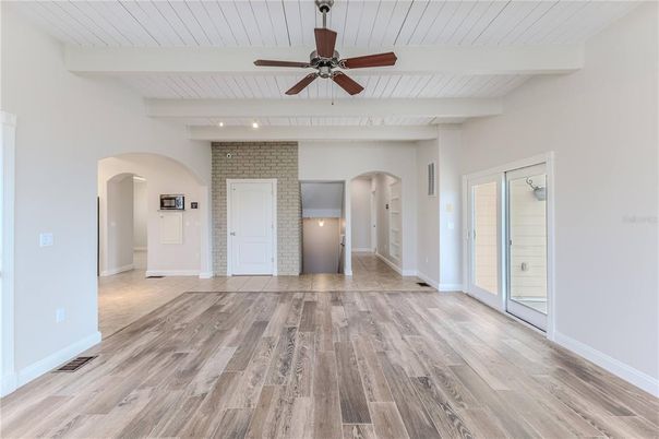 Empty room, Interior, Recessed Lighting, Stone Walls, Wood Texture Flooring