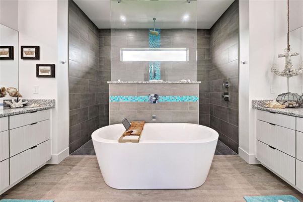 Bathroom, Free Standing Baths, Interior, Recessed Lighting, Wood Texture Flooring