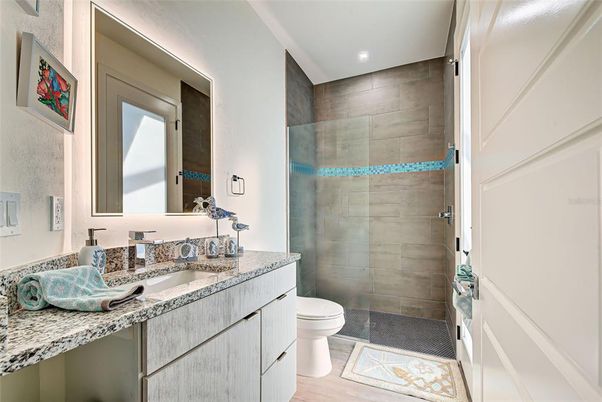 Bathroom, Glass Shower, Interior, Recessed Lighting, Wood Texture Flooring