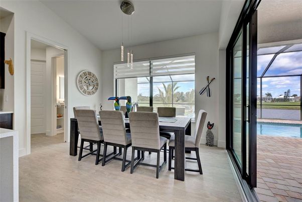 Dining room, Interior, Pendant Lights, Water, Wood Texture Flooring